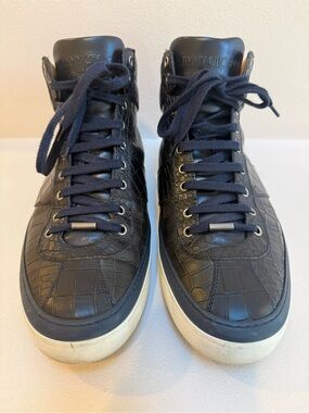 Jimmy Choo Navy Croc-Embossed High-Top Sneakers with White Sole